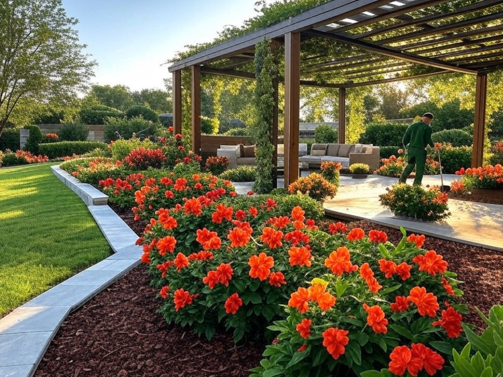 a garden with flowers and a pergola