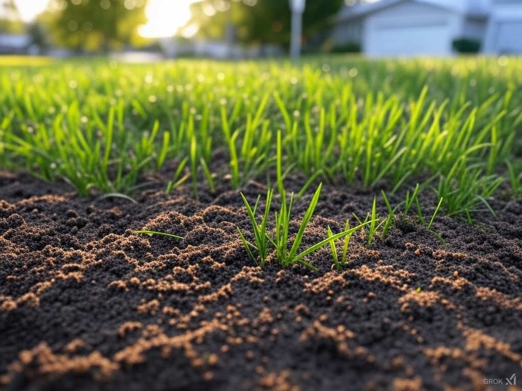 a close up of grass and dirt