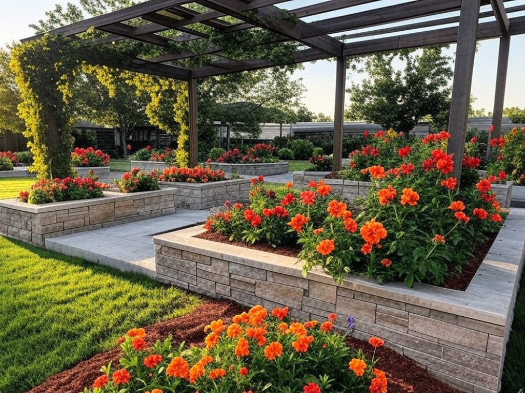 a garden with flowers and a pergola