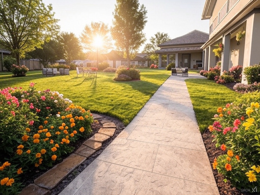 Concrete walkway surrounded by a colorful garden in front of a house at sunset.