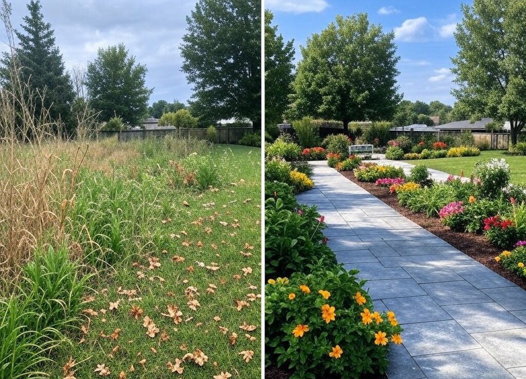 Concrete walkway surrounded by a colorful garden in front of a house at sunset.