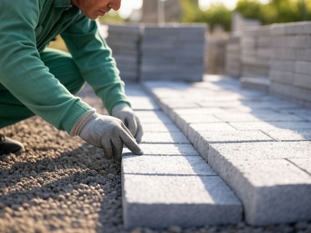 a man placing a block on a sidewalk
