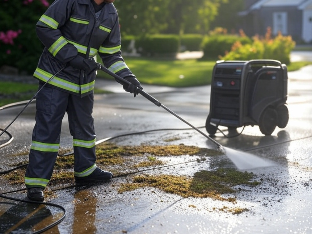 a man wearing a uniform and gloves spraying a lawn